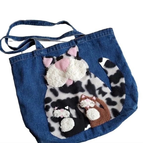 Handmade Denim Tote Bag With Red Flannel Lining And Three Applique' Cats - Picture 1 of 9